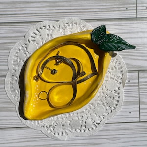 Lemon Jewelry Dish Cute Trinket Dish Handmade Jewelry Holder Fruit Dish Citrus Fruit Tray Hand Sculpted Hand Painted Decorative Dish
