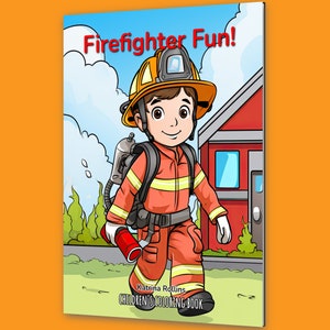 May include: A coloring book cover featuring a cartoon firefighter wearing a red helmet and holding a fire hose. The book is titled "Firefighter Fun!" and is by Katrina Rollins.