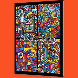May include: A colouring book cover with the title "Abstract Fusion" in a white cursive font. The cover features four colourful abstract designs with geometric shapes, swirls, and lines in bright colours like red, yellow, blue, green, and orange.