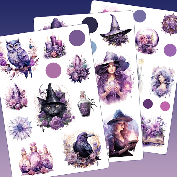 Purple witchy sticker boards - Witchy cat and girl