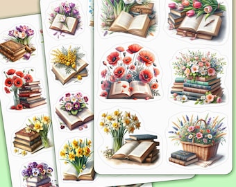 Planches Stickers thème livres et fleurs de printemps