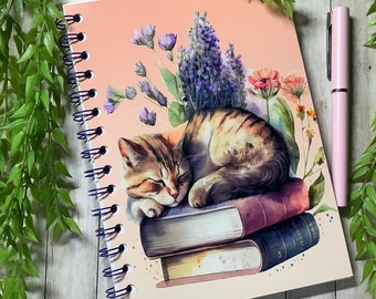 A5 spiral notebook 120 pages - Cat and Books