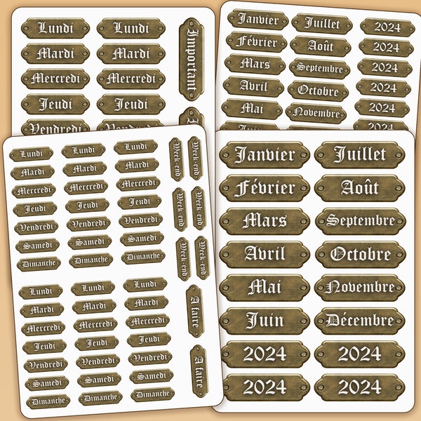 Planches Stickers jours de la semaine et mois - étiquettes métal et calligraphie gothique