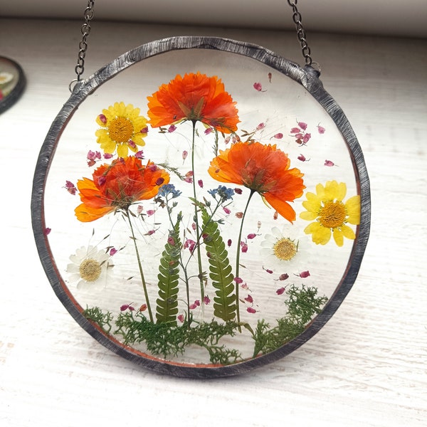 Blumenwiese Herbarium Glas Naturblumen Glasmalerei Trockenblumen im Glas Trockenblumenrahmen Blumen Suncatcher