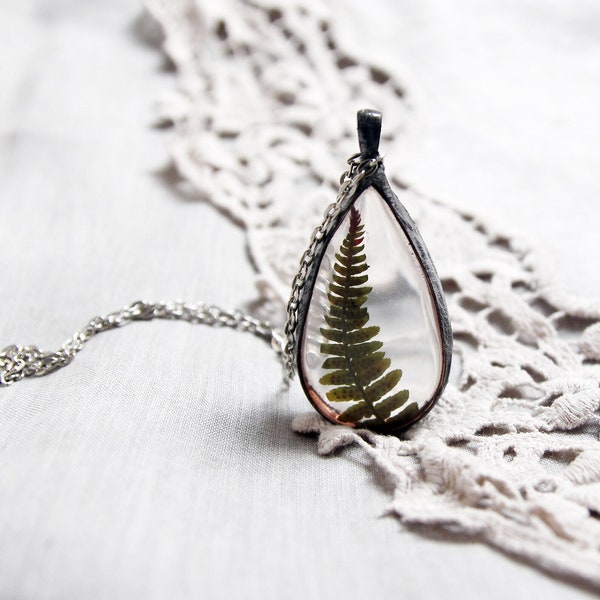 Fern Herbarium glass pendant, natural green leaf necklace, forest jewelry,  dried flowers in glass dried flower frame