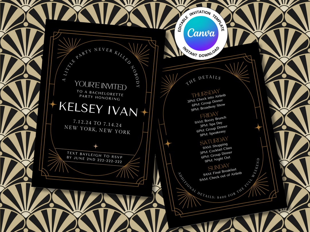 1920s Bachelorette Party Invitation Template: Art Deco Design (digital ...