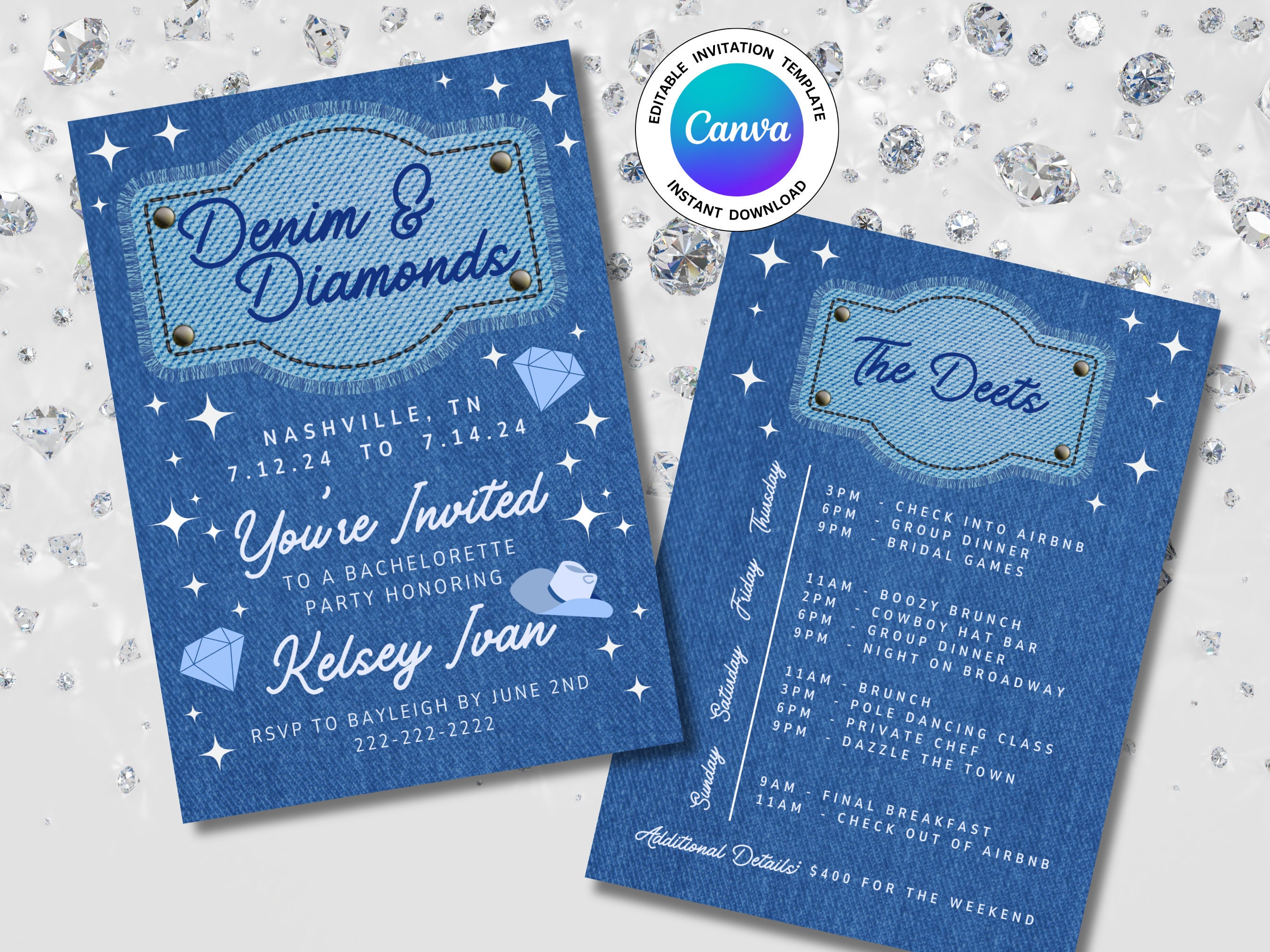 Denim and Diamonds Bachelorette Party Invitation and Itinerary Template Denim and Diamond Bachelorette Party Invite