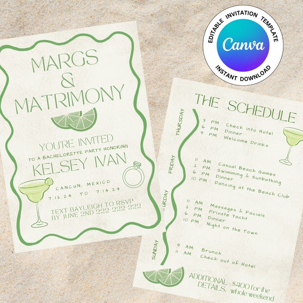 Margs and Matrimony Bachelorette Party Invitation and Itinerary Template, Margs and Matrimony Bachelorette Party Invite
