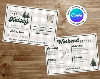Camp Bachelorette Party Invitation Template: Gingham Summer Camp (Digital Download)