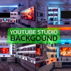 Puede incluir: Cuatro vistas diferentes de una configuración de estudio de YouTube con una pantalla de televisión grande, estanterías y luces LED de colores. El texto "YOUTUBE STUDIO BACKGROUND" se muestra en el centro de la imagen.