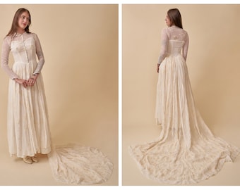 The Saturn Collection by Transplant Vintage: 1940s Silk Chiffon Botanical Flocked Gown w/ Cathedral Train // Bridal Wedding