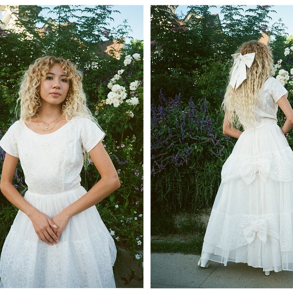 The Saturn Collection by Transplant Vintage: 1950s Crinoline Lace Tiered Cupcake Bridal Wedding Gown w/ Princess Bow Details