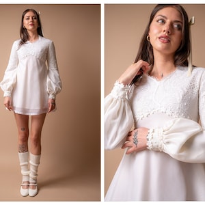 The Saturn Collection by Transplant Vintage: 1970s Psychedelic Lace Mini Dress w/ Bishop Sleeves // Wedding Bridal Elopement