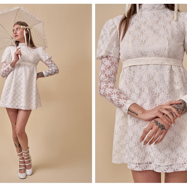 The Saturn Collection by Transplant Vintage: 1960s Lace Juliet Sleeve High Neckline Mini Dress // Sharon Tate Wedding Bridal Elopement