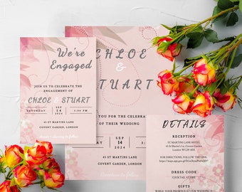 Blush pink floral Wedding Bundle, INSTANT DOWNLOAD, Wedding Invitation, Engagement Party Invitation, Details Card & RSVP Card, Printable