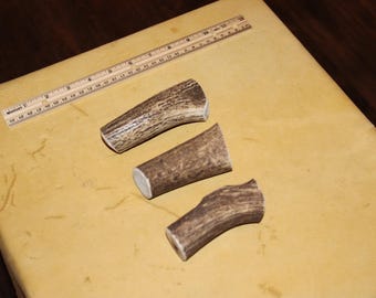 May include: Three antler dog chews, each with a different shape and size. The antler chews are light brown in color and have a natural, rough texture.