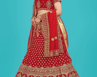 Red Velvet Fabric Embroidery Coding Work Bridal Lehenga