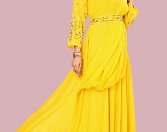 Yellow Faux Georgette Fabric Party Wear Gown