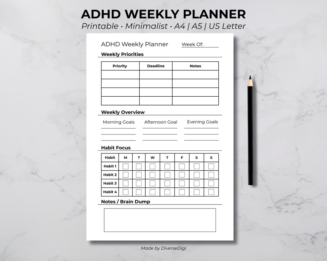 ADHD Weekly Planner | Printable | A4, A5, US Letter | Focus ...