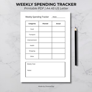May include: A white printable weekly spending tracker with sections for food, transport, entertainment, health, shopping, and other expenses. A black pencil is on the right. Text at the top reads "WEEKLY SPENDING TRACKER".