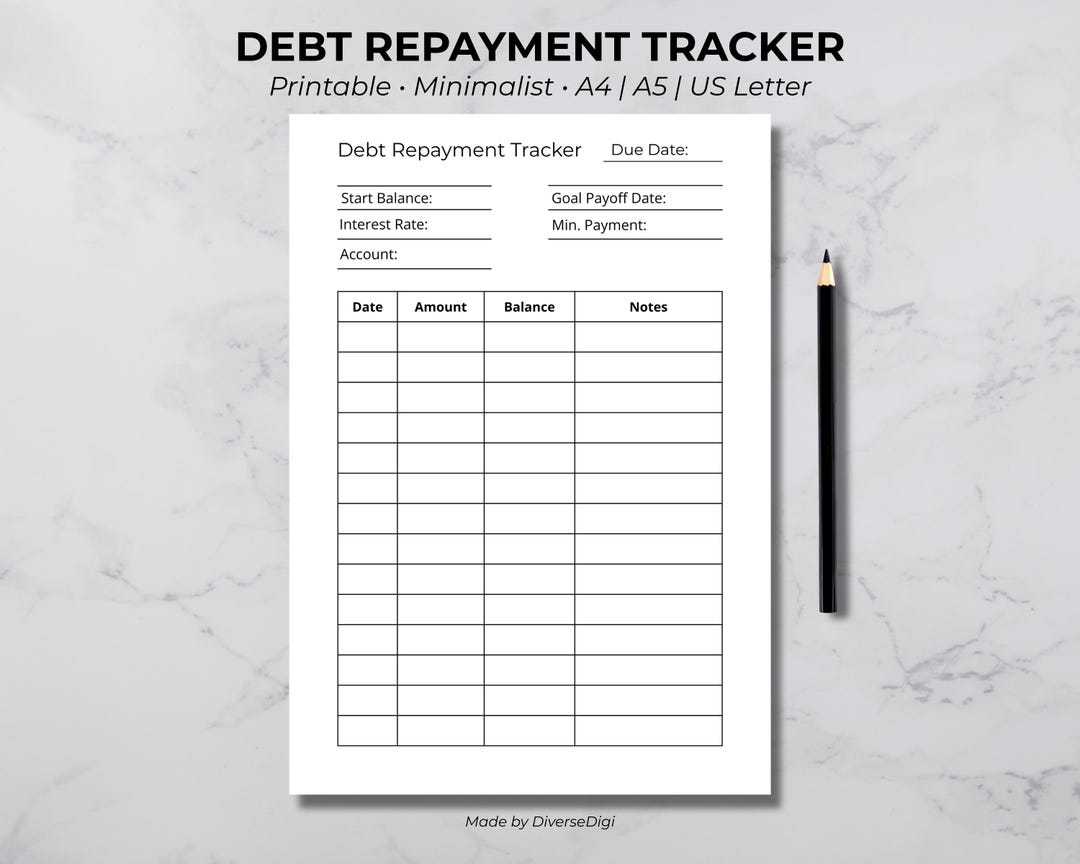 Repayment Worksheet Debt Repayment Tracker Printable | Debt Payoff Worksheet | Minimalist ...