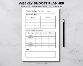 Weekly Budget Planner Printable | Minimalist Weekly Budget Sheet | Finance Tracker | A4 A5 US Letter PDF