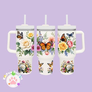 Rose Butterfly Chic Boho Flowers 40 oz Tumbler Wrap, Butterfly 40 oz Tumbler PNG, Floral 40oz Sublimation Tumbler Design, Vintage Floral
