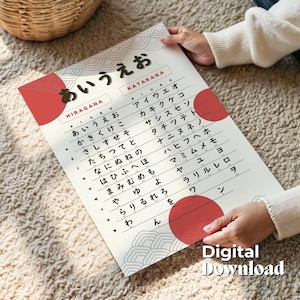May include: A poster displaying Japanese Hiragana and Katakana characters, with red circular accents. The poster is held by a person, and the words "Digital Download" are visible at the bottom. The poster is on a beige background.