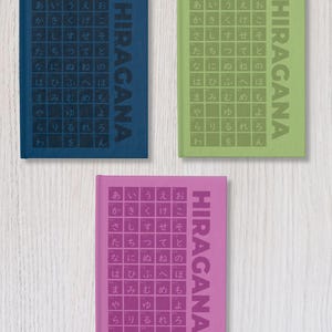 May include: Three notebooks with the word "HIRAGANA" printed vertically on the right side. The notebooks are in blue, green, and pink. Each notebook has a grid of Japanese characters on the front.