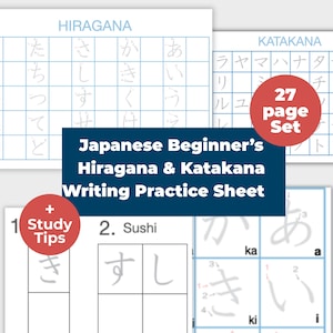 May include: A set of Japanese writing practice sheets for beginners, featuring Hiragana and Katakana characters. The sheets have practice grids and include 27 pages with study tips. The text on the sheets includes the words "Japanese Beginner's Hiragana & Katakana Writing Practice Sheet".