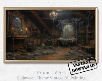 Halloween Frame TV Art, Vintage Oil Painting Eerie Attic, Scary Fall Samsung Frame TV Digital Art, Impressionist Spooky Castle Holiday Art