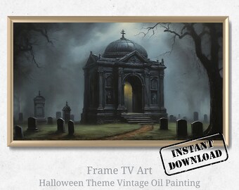 Frame TV Art Halloween, Vintage Oil Painting Haunted Mausoleum, Scary Fall Samsung Frame TV Digital Art, Impressionist Landscape Holiday Art