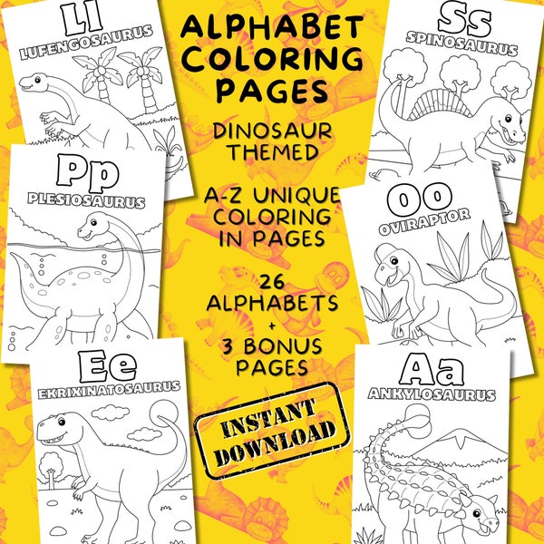 Alphabet Coloring Pages Printable, Dinosaur ABC Coloring Book, Letter Recognition, Colouring In for kids and Toddlers, First ABC Activity