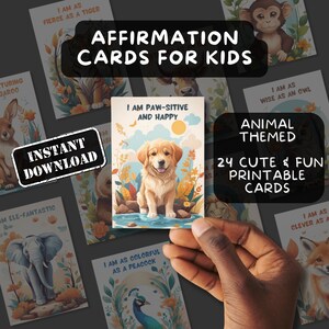 Cartões de afirmação fofos para crianças para impressão, 24 temas de animais eu sou afirmações, cartões Montessori, cartões motivacionais divertidos, cartão de positividade infantil