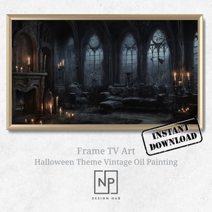 Halloween Frame TV Art, Vintage Oil Painting Haunted Room, Scary Fall Samsung Frame TV Digital Art, Impressionist Gothic Castle, TV Artwork