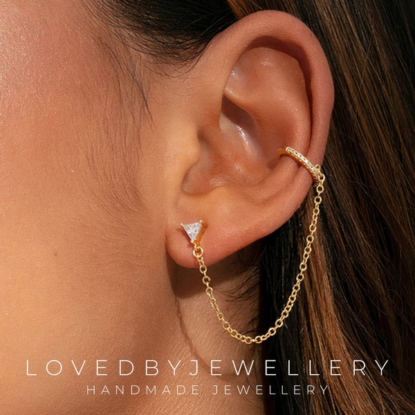 Ear Cuff Chain Earrings | Sterling Silver Earrings | Tassel Diamond Studs | Minimalist Earrings | Gift For Her