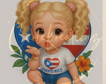 Blonde Puerto Rico Baby Girl Clipart | Cute Latina Toddler Illustration | Afro-Latina PNG | Patriotic Kids Art | Boricua Baby Digital Downlo