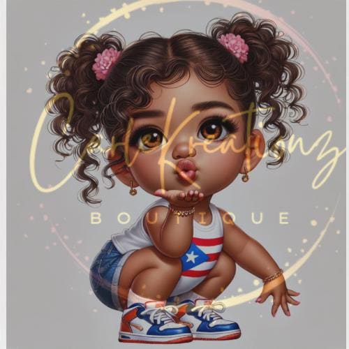 Puerto Rican Baby Girl Art Print – Cute Afro-Latina Toddler Blowing Kiss, Curly Hair, PR Flag Outfit – Nursery Wall Decor, Sub design