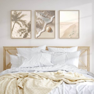 Conjunto de 3 impresiones tropicales, descargar conjunto de arte de pared del océano, foto de California de playa beige, impresión de palmera, póster de arte imprimible, conjunto de impresión de galería