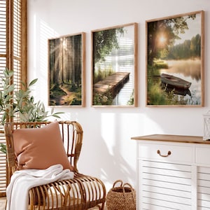 3er-Set Waldsee Digitaldrucke, Download Natur-Galeriewandset, Sonnenaufgang Landschaft Wildblumen Fotos, grün druckbare Galeriekunst