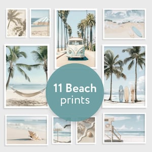 Conjunto de 11 impresiones digitales tropicales, paquete de arte mural de surf, impresión bohemia de palmera de playa, póster del océano, galería de arte imprimible de VW Bus