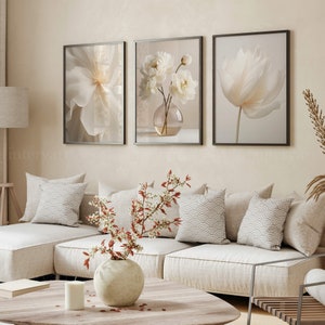 Conjunto de 3 impresiones botánicas, descargar arte digital de pared de flores beige, carteles de peonía blanca crema, conjunto de pared de galería floral minimalista fotográfica