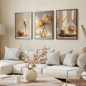 3er Set Botanische Kunstdrucke, Download Digital Beige Blumen Wandkunst, Creme Hortensien Poster, Foto Minimalistische Blumengalerie Wandset