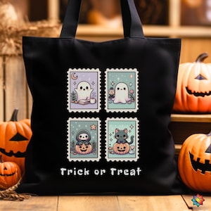 Custom Halloween Tote Bag for Kids,Personalized Trick or Treat Bag With Cute Ghost, Pumpkin & Cat, Children Name Canvas Candy Sack Gift