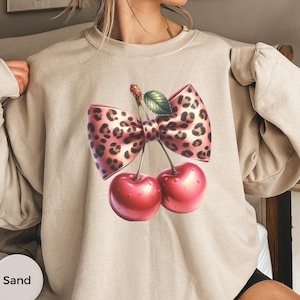 Cherry with Leopard Bow Sweatshirt Gift, Shirts for Women, Cherry Bow Tshirt,Gift For Her,Animal Print Bow Crewneck,Cute Cherry Coquette Tee