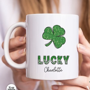 Lucky Day Custom Name St Patricks Mug Gift, Glitter Shamrock Gifts, Pattys Day Mug, Gift for Birthday, Irish Day Mug, Simple Holiday Tea Mug