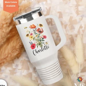 Personalized Floral Insulated Travel Mug, Custom Name Flower 40oz Tumbler With Name, Floral Tumbler with Handle,Cottagecore Wildflowers Gift