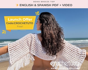 PATRÓN Y VIDEO DE CROCHET/Tutorial de top bohemio de verano en PDF, descarga digital, top corto con flecos y hombros descubiertos, crochet fácil, ideal para principiantes, regalo hecho a mano