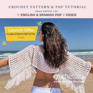 PATRÓN Y VIDEO DE CROCHET/Tutorial de top bohemio de verano en PDF, descarga digital, top corto con flecos y hombros descubiertos, crochet fácil, ideal para principiantes, regalo hecho a mano