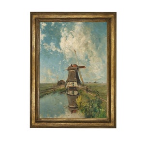 Windmill print, picturesque landscape full of romance. Oil painting, Holland, reprint. Vintage painting from around 1889 -198874